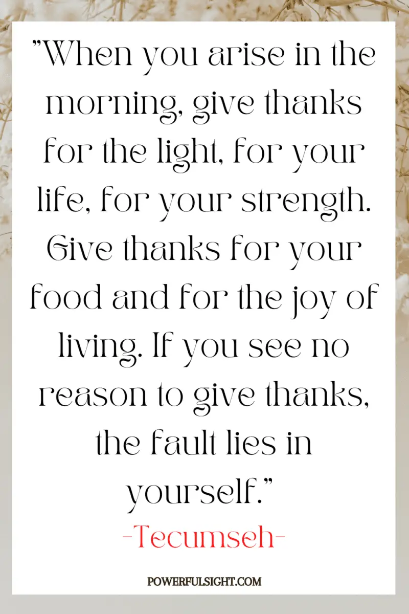 "When you arise in the morning, give thanks for the light, for your life, for your strength. Give thanks for your food and for the joy of living. If you see no reason to give thanks, the fault lies in yourself." 