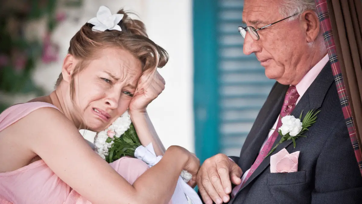 A girl crying on her wedding day