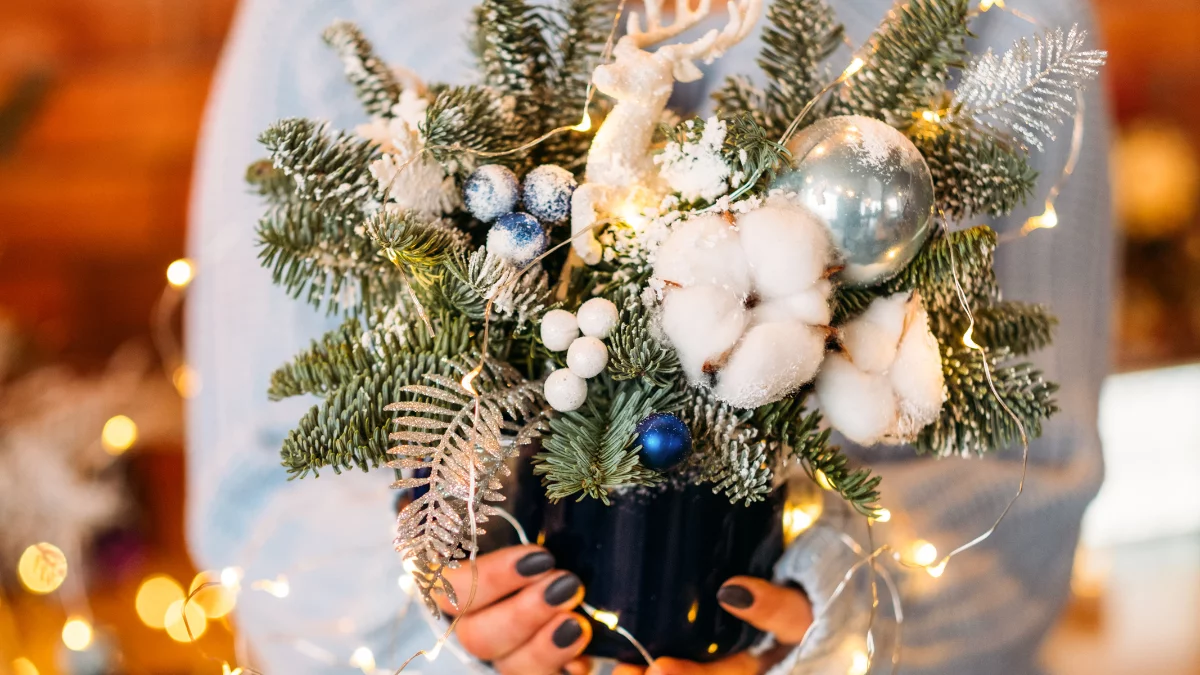 A Woman holding a Christmas tree