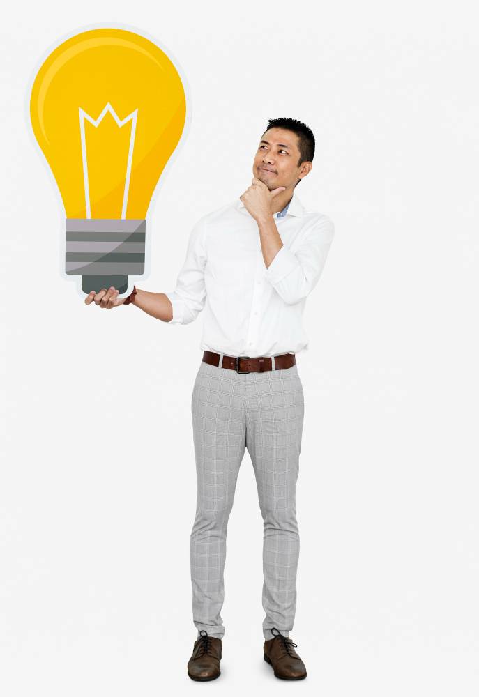 A Smart man holding bulb