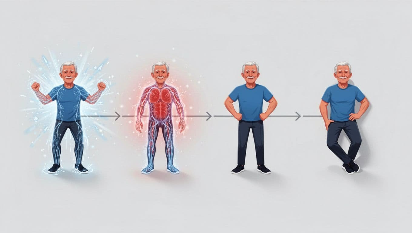 Infographic timeline of 4 weeks featuring a middle-aged man gaining energy in week 1, better blood flow in week 2, stronger erections in week 3, and full confidence in week 4, using simple progress arrows and motivational icons in a clean modern style.