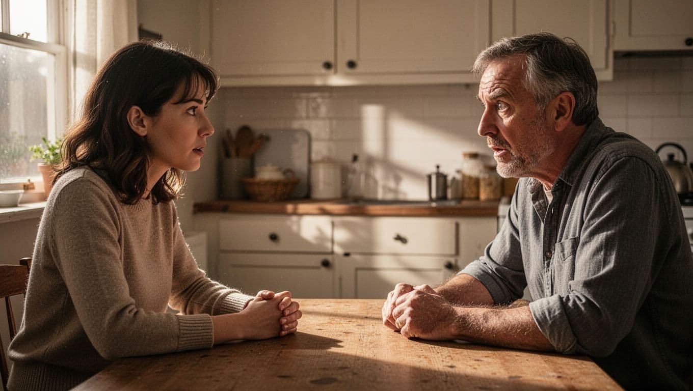 An adult child in their 30s sits at a kitchen table across from their middle-aged father, calmly stating a boundary with a firm expression while the father appears surprised or annoyed. Realistic photo style with warm natural indoor lighting, simple background, exactly two people.