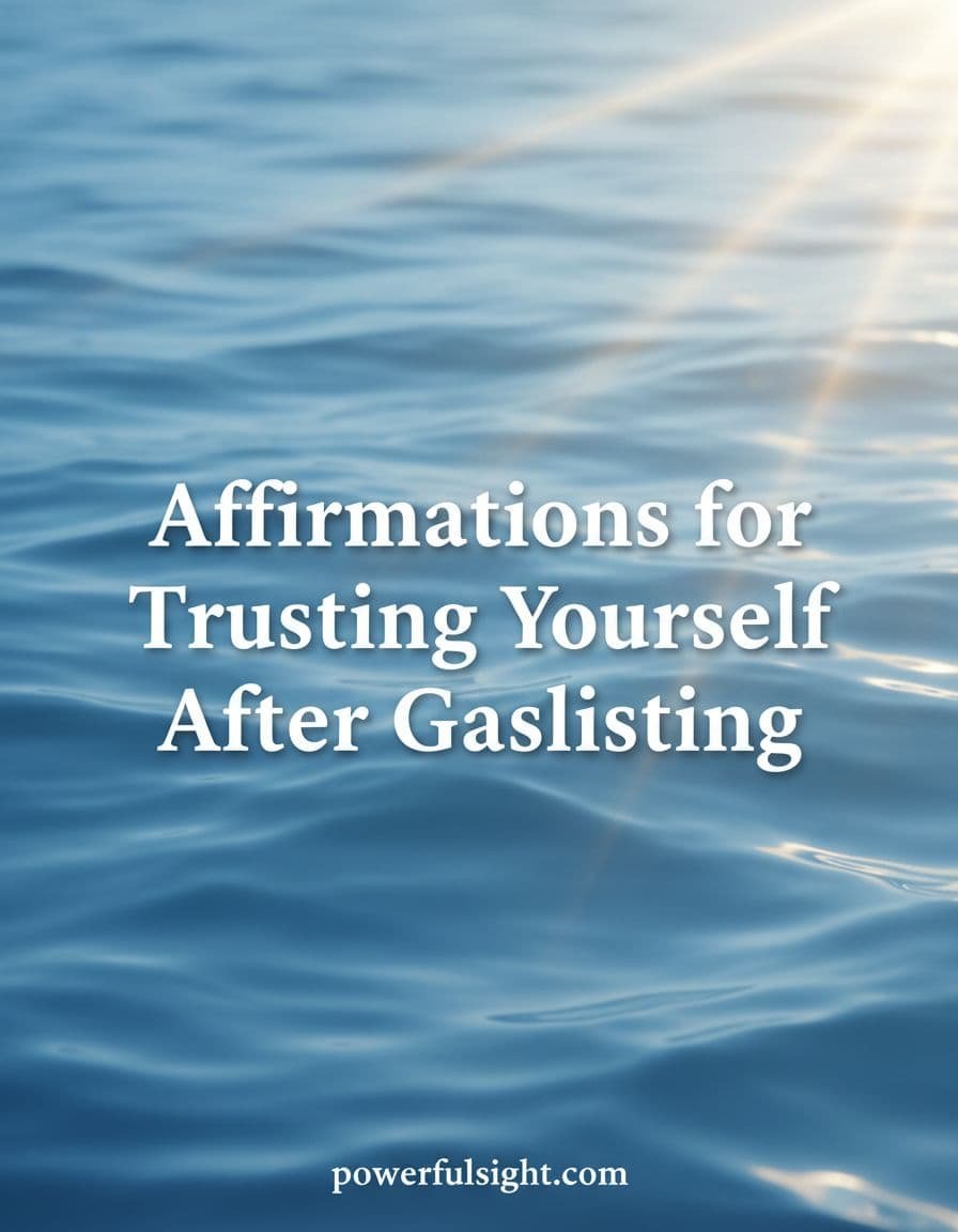 Elegant vertical Pinterest pin with centered bold text 'Affirmations for Trusting Yourself After Gaslighting' in clean serif font, on a subtle background of soft blue waves and golden light rays evoking healing, with 'powerfulsight.com' at the bottom.