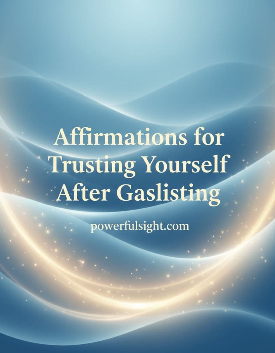 Elegant vertical Pinterest pin with centered motivational text 'Affirmations for Trusting Yourself After Gaslighting' in clean serif font, on a subtle background of soft glowing blue waves and golden light rays symbolizing healing and trust, with 'powerfulsight.com' at the bottom in small font.