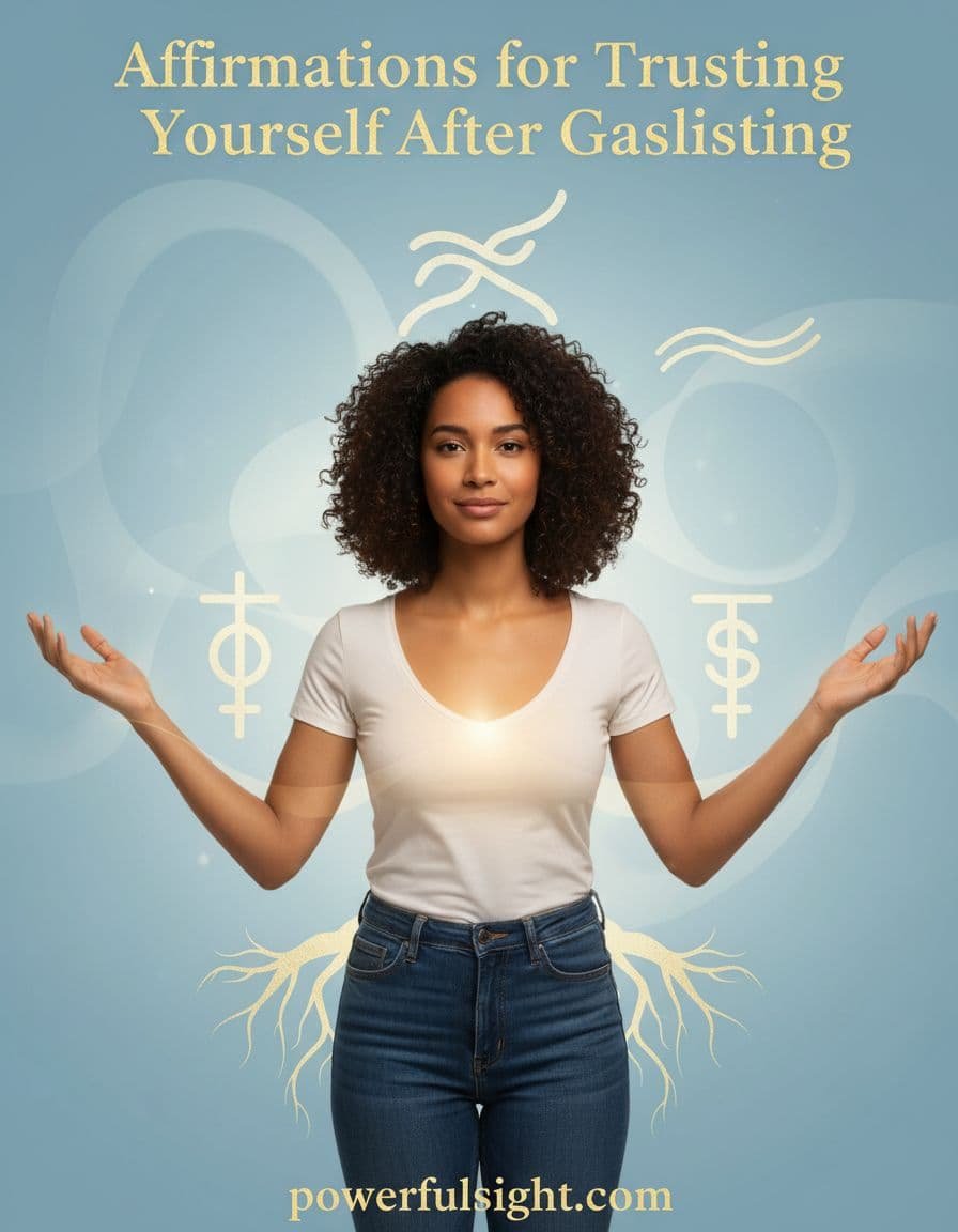 Vertical motivational portrait of a diverse woman standing confidently with subtle inner light glow and arms outstretched in self-embrace, against a serene background with faint abstract trust symbols like roots or waves, in calming blue and gold tones.