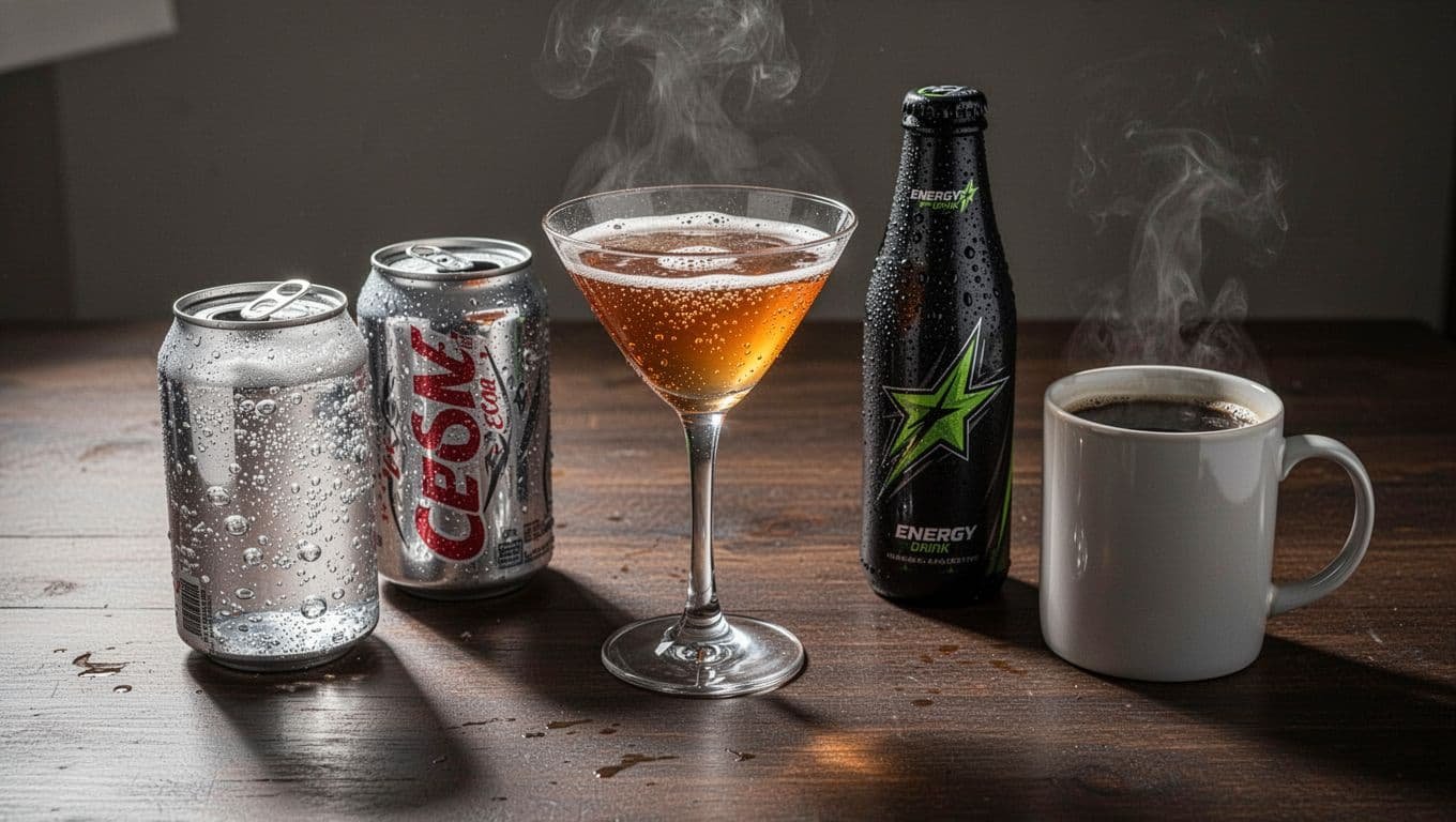Assortment of one alcoholic cocktail glass, two opened soda cans, one energy drink bottle, and one steaming coffee mug on a dark wooden table, captured in realistic photography style with soft overhead lighting, subtle shadows, and high detail on fizzing bubbles and condensation for a cautionary yet appetizing vibe.