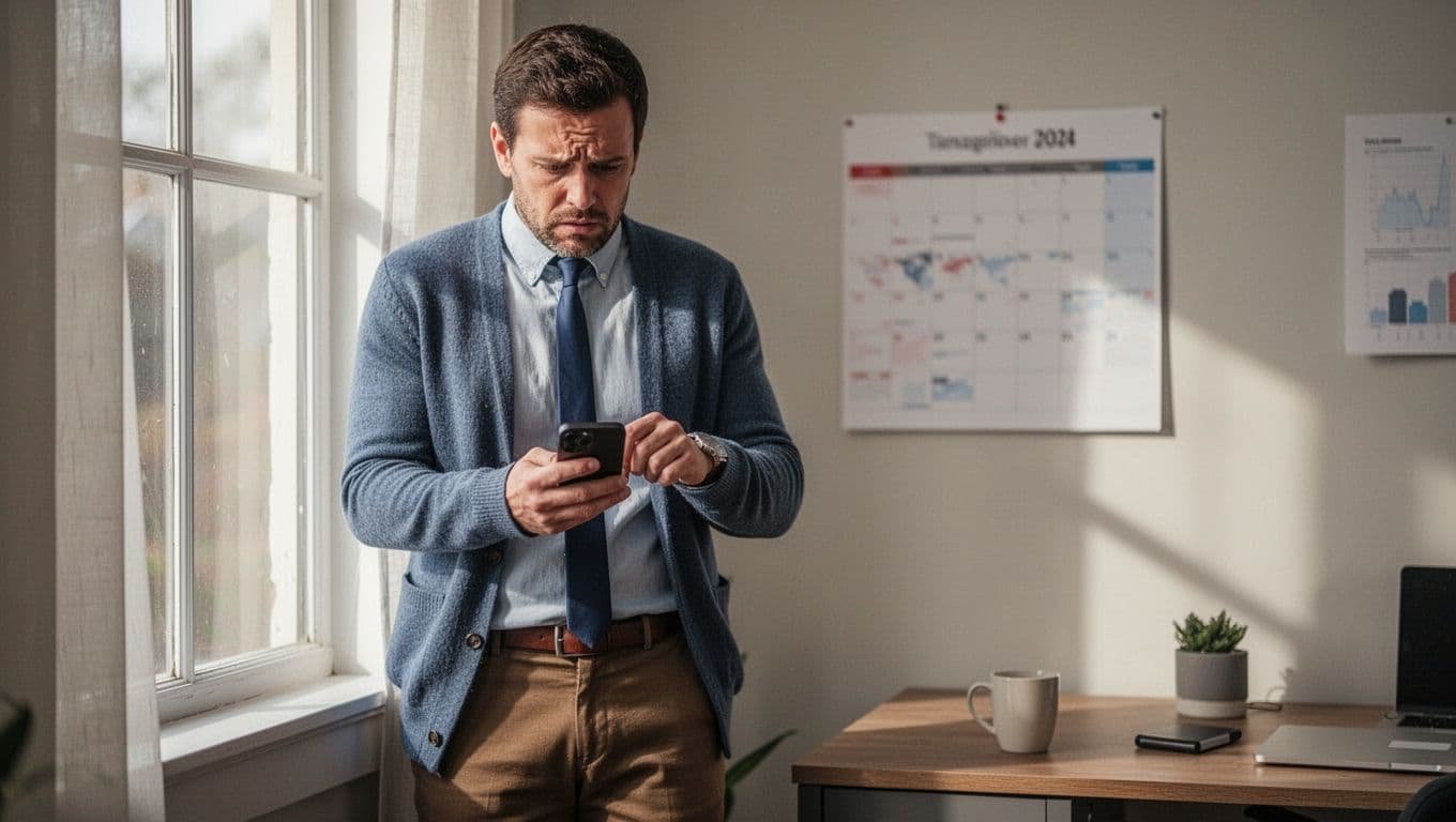 A man in business casual attire stands by a window in his home office, anxiously looking at his phone with a blurred wall calendar and empty coffee mug nearby, illuminated by natural daylight.
