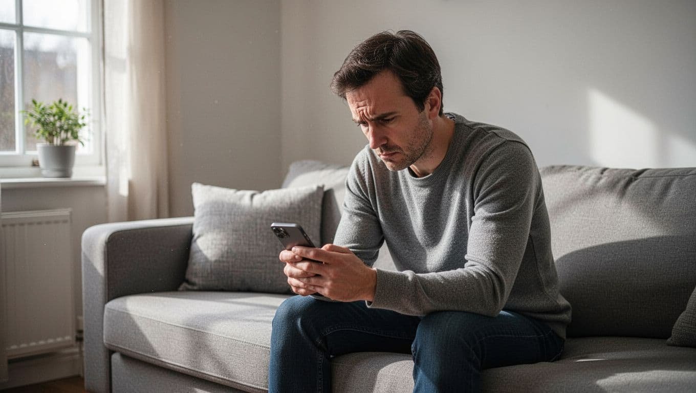 An adult child in their 30s sits alone on a living room couch, appearing emotionally exhausted and anxious after an interaction with a parent, holding a phone with downcast eyes and tense posture under soft natural indoor lighting.