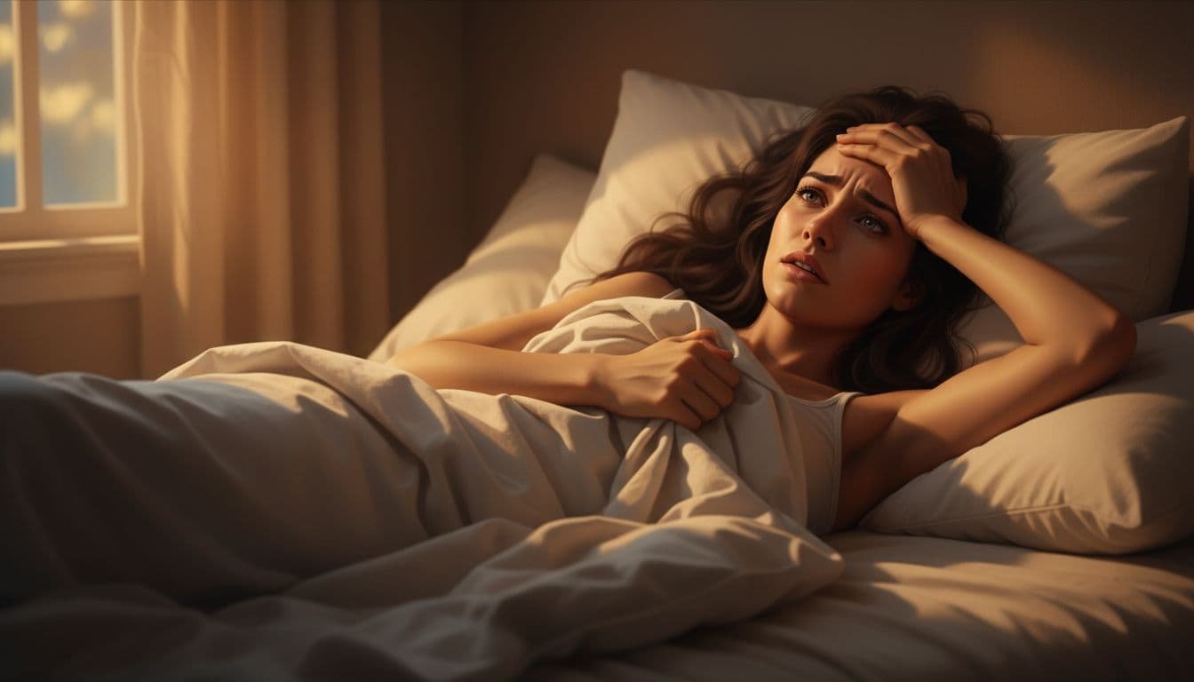 A young woman lies awake in bed at night, staring at the ceiling with an anxious expression, clutching the sheet under soft moonlight from the window.