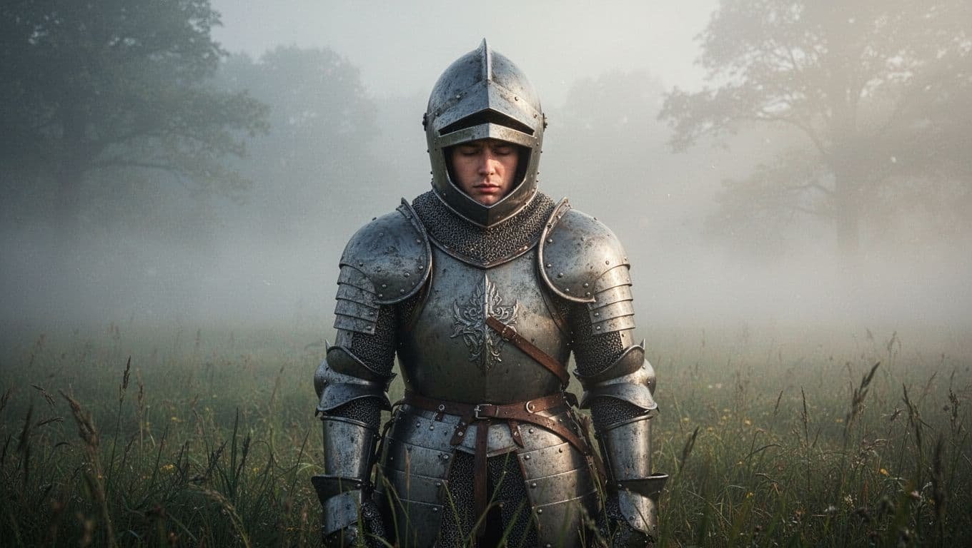 Armored knight removes helmet to reveal vulnerable face in misty field.