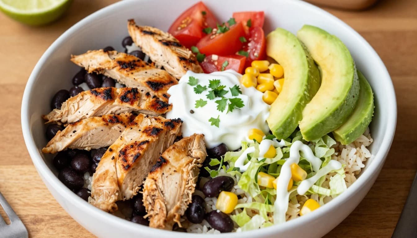 Top-down view of assembled low-carb chicken burrito bowl in white bowl on wooden table with grilled chicken strips, cauliflower rice, black beans, diced tomatoes, shredded lettuce, corn, avocado slices, Greek yogurt drizzle, lime wedge, and cilantro.