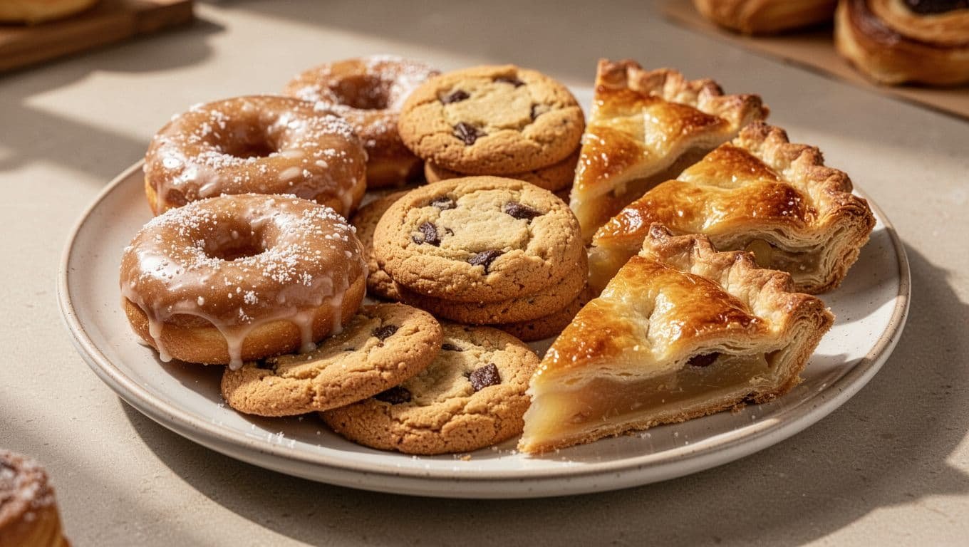 Assortment of donuts, cookies, and pie slices on a plate with sugary and buttery appearance in realistic bakery style photo on neutral table under warm lighting, no people, no text, no wrappers.