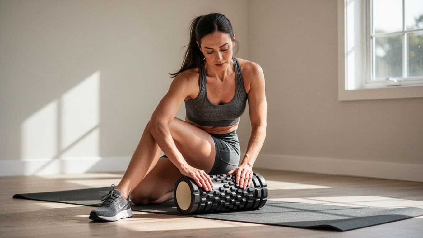 An athletic woman in her 30s uses a foam roller on her upper thigh and glutes in a home gym setting with natural daylight, showing a focused and relaxed expression to relieve post-workout soreness.