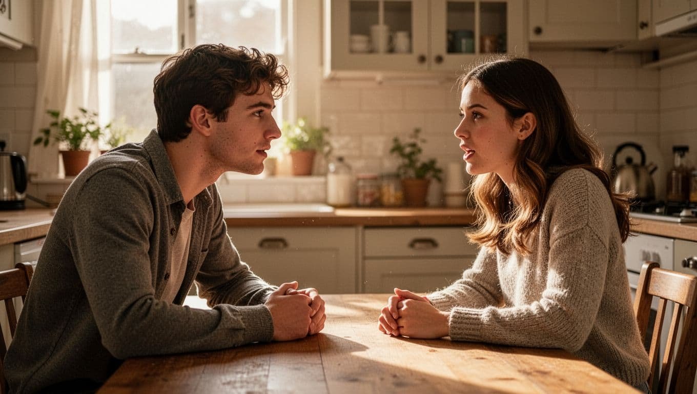 A young couple in their mid-20s sits face-to-face at a cozy kitchen table during daytime, with the boyfriend leaning in attentively as the girlfriend shares her thoughts.