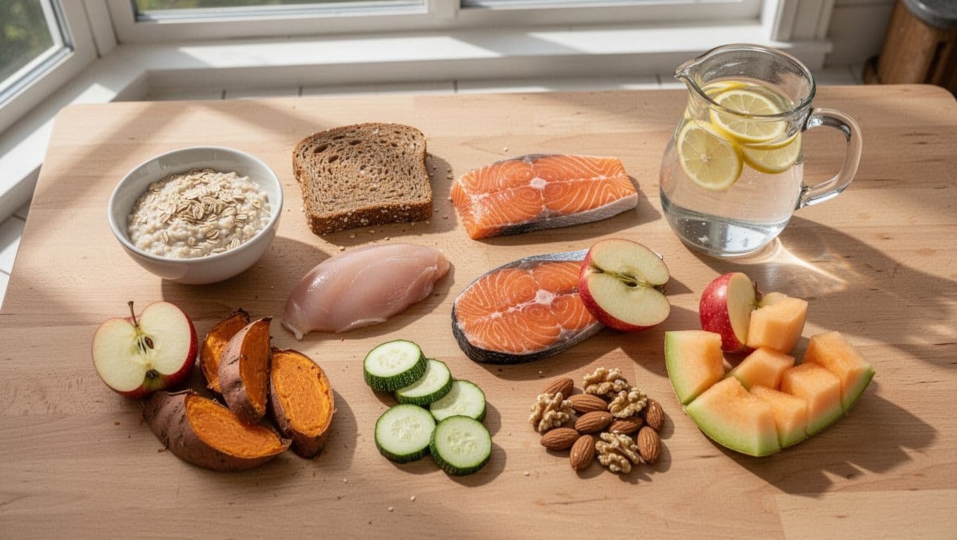 Top view of a cozy kitchen table arranged with baby-safe nourishing foods: bowl of oats, whole grain bread, lean chicken breast, low-mercury salmon, sliced zucchini, baked sweet potatoes, apple halves, melon chunks, almonds, walnuts, and lemon water pitcher under natural lighting.