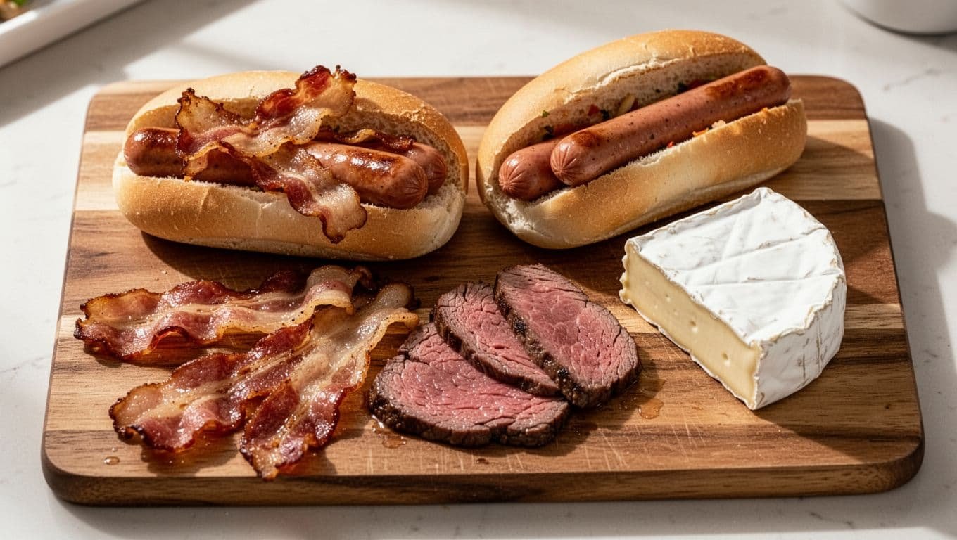 Assortment of crispy bacon rashers, hot dogs on buns, rare steak slices, and a wheel of soft brie cheese arranged on a wooden cutting board in a kitchen setting with realistic food photography style and soft overhead natural lighting.