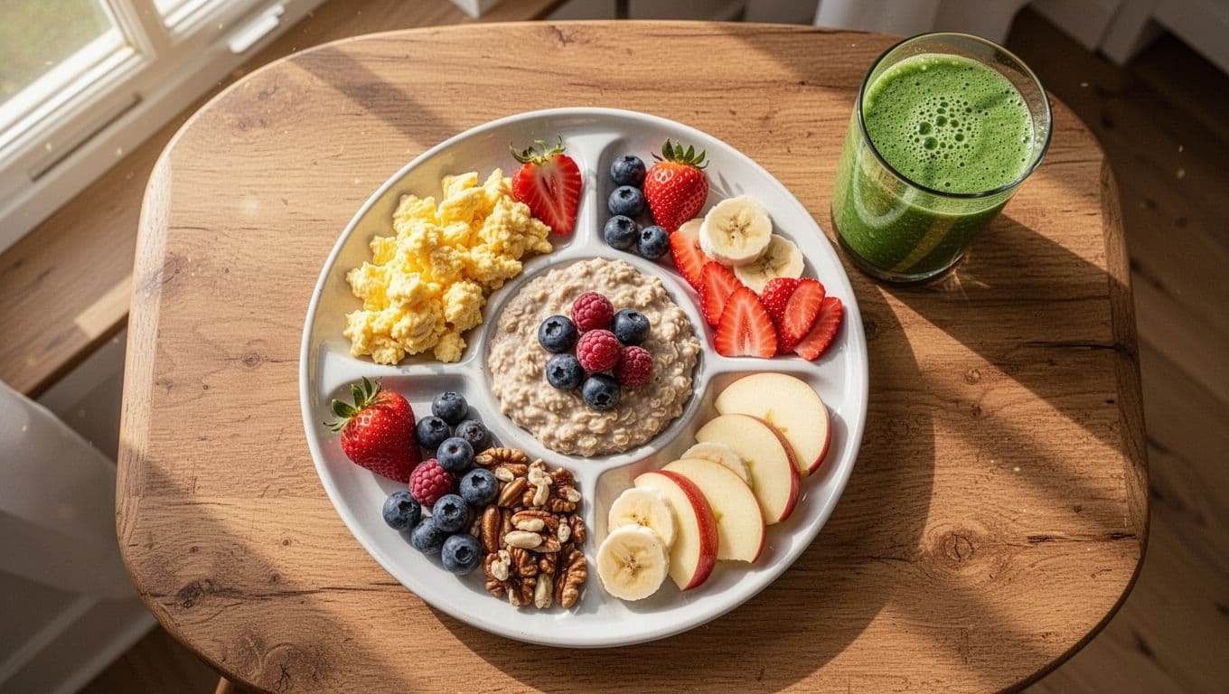 Top view of a balanced breakfast plate on a wooden table with scrambled eggs, oats topped with berries, colorful sliced fruits, nuts, and a glass of green smoothie in bright morning light.