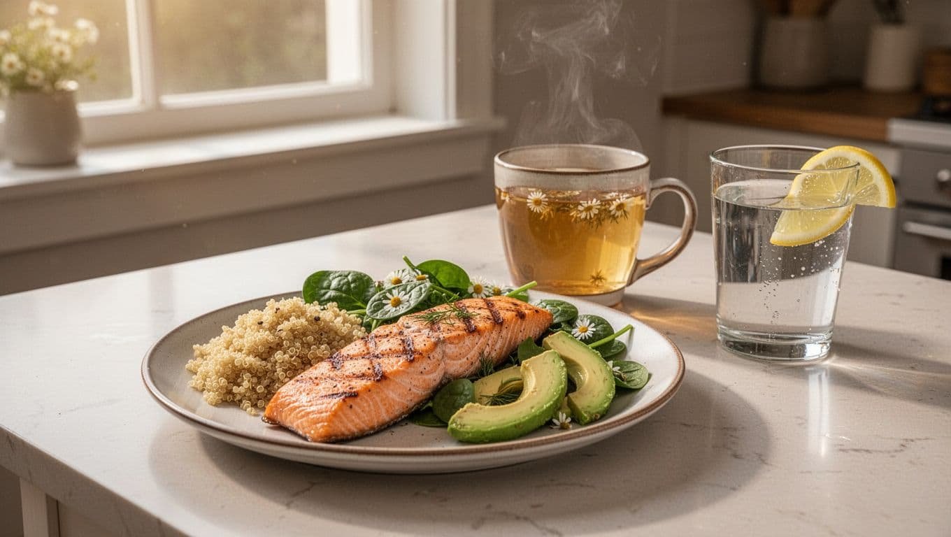 Kitchen table holds plate of grilled salmon, quinoa, spinach avocado salad, steaming chamomile tea mug, and lemon water glass.