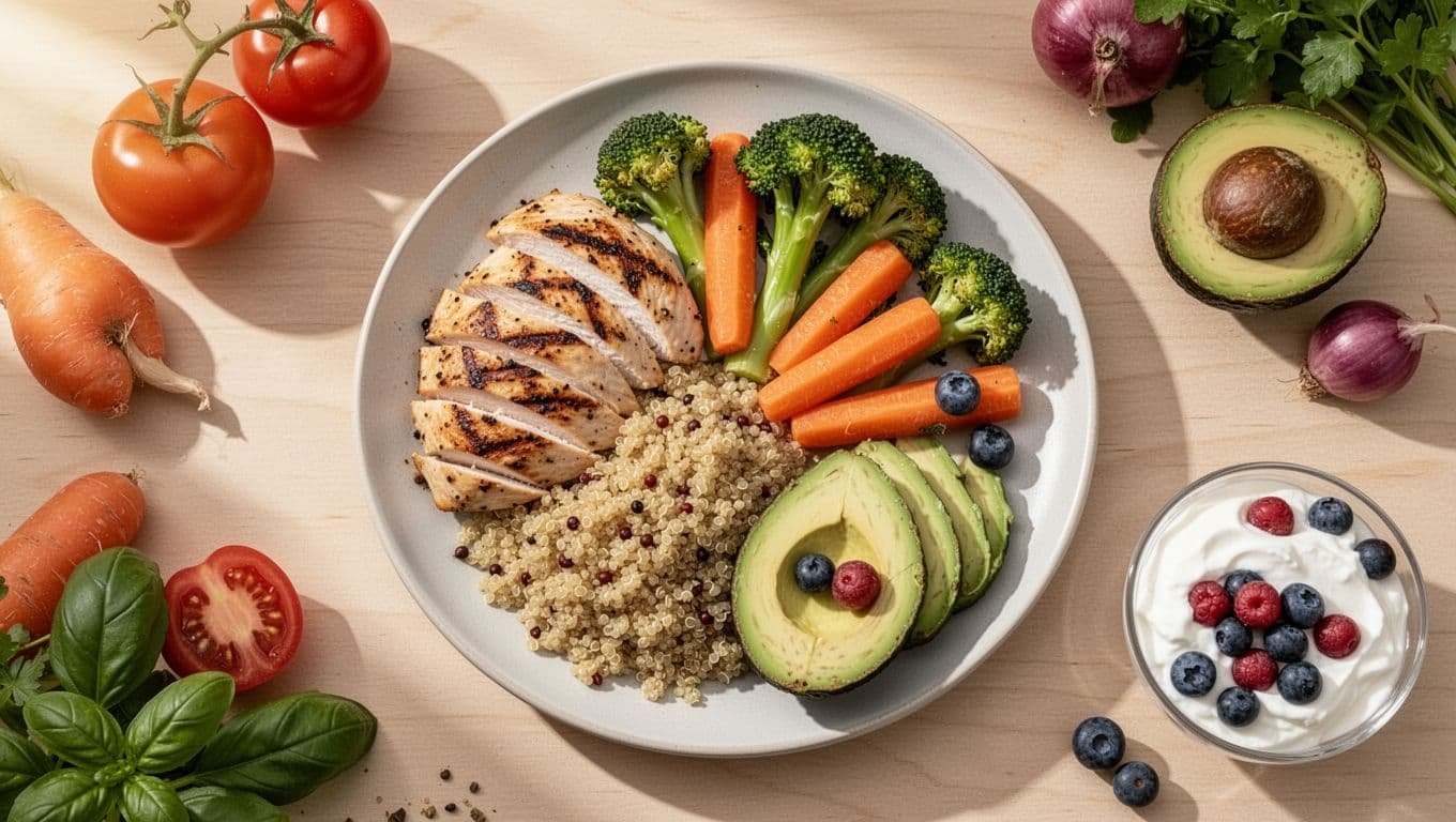 A colorful balanced meal plate for pregnancy featuring grilled chicken breast, quinoa, steamed broccoli and carrots, sliced avocado, and Greek yogurt with berries. Top-down view on a light wooden table with natural sunlight and realistic food photography style.