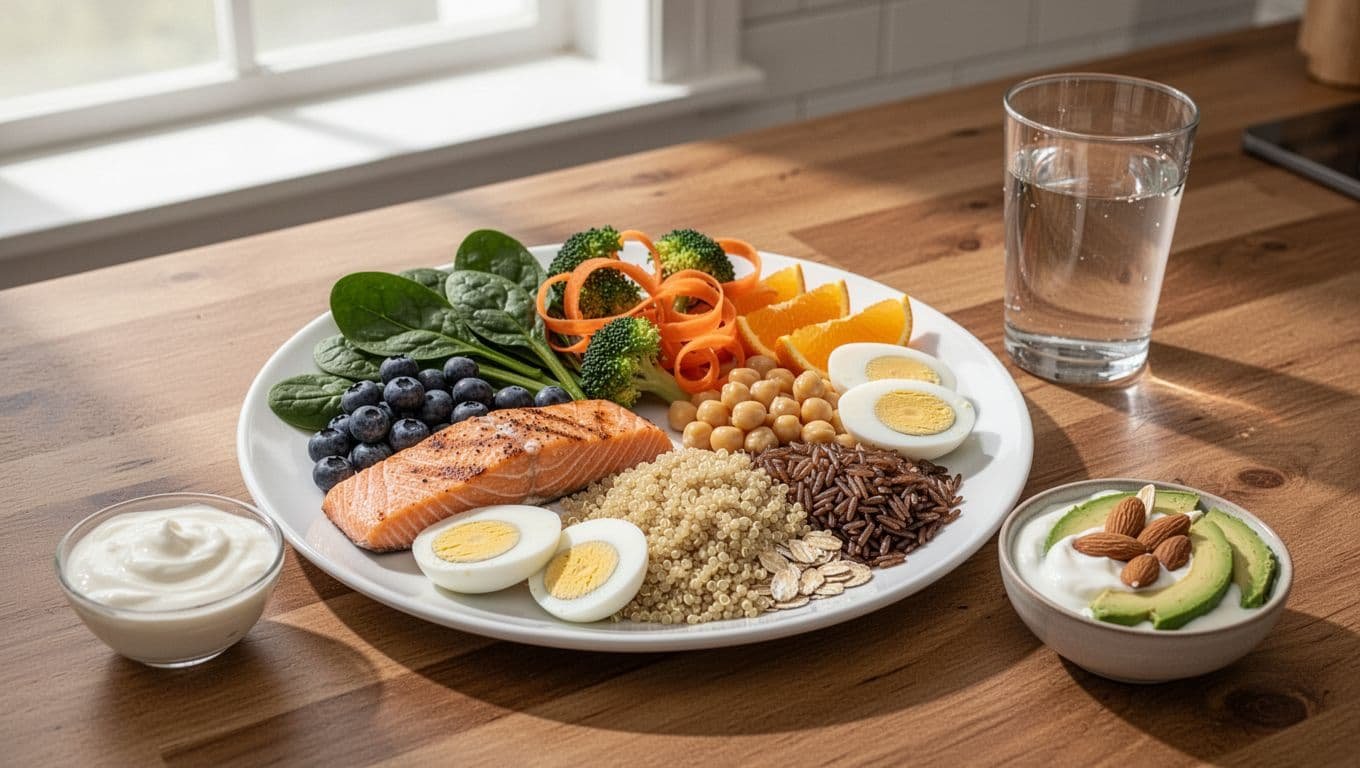 A visually divided white plate showcasing balanced pregnancy nutrition: half filled with colorful fruits and vegetables like spinach, blueberries, broccoli, carrots, and oranges; one quarter with lean proteins such as grilled salmon, eggs, and chickpeas; one quarter with whole grains like quinoa, brown rice, and oats; plus a side of plain yogurt with almonds and avocado, and a glass of water on a wooden table.