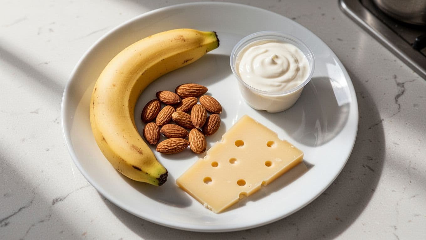 Top view of a balanced pregnancy snack on a white plate featuring half a banana paired with a handful of almonds, a slice of cheese, and a yogurt cup, set on a kitchen table with natural light for an appetizing, realistic look.