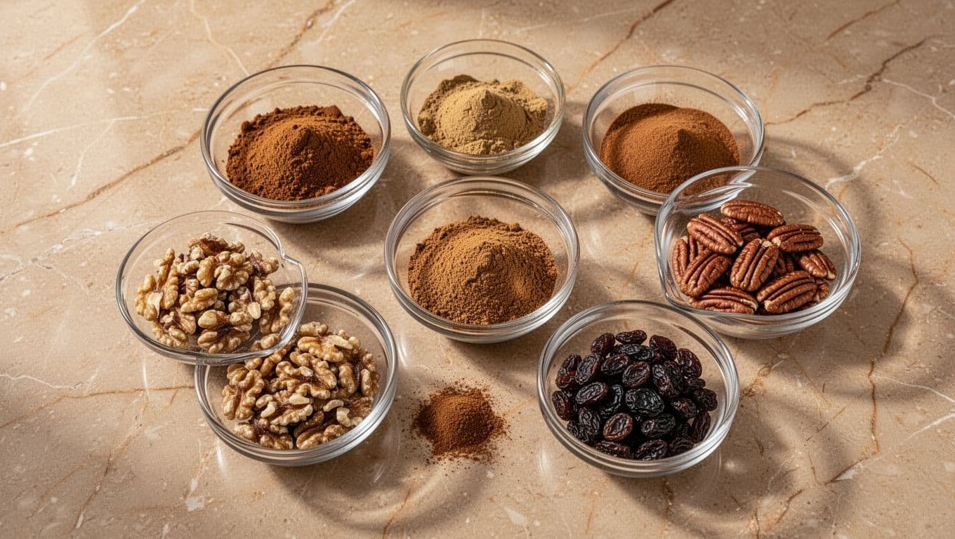 Assortment of ground cinnamon, ginger, and nutmeg in glass bowls with chopped walnuts, pecans, and raisins on a marble counter, overhead view in warm kitchen lighting.