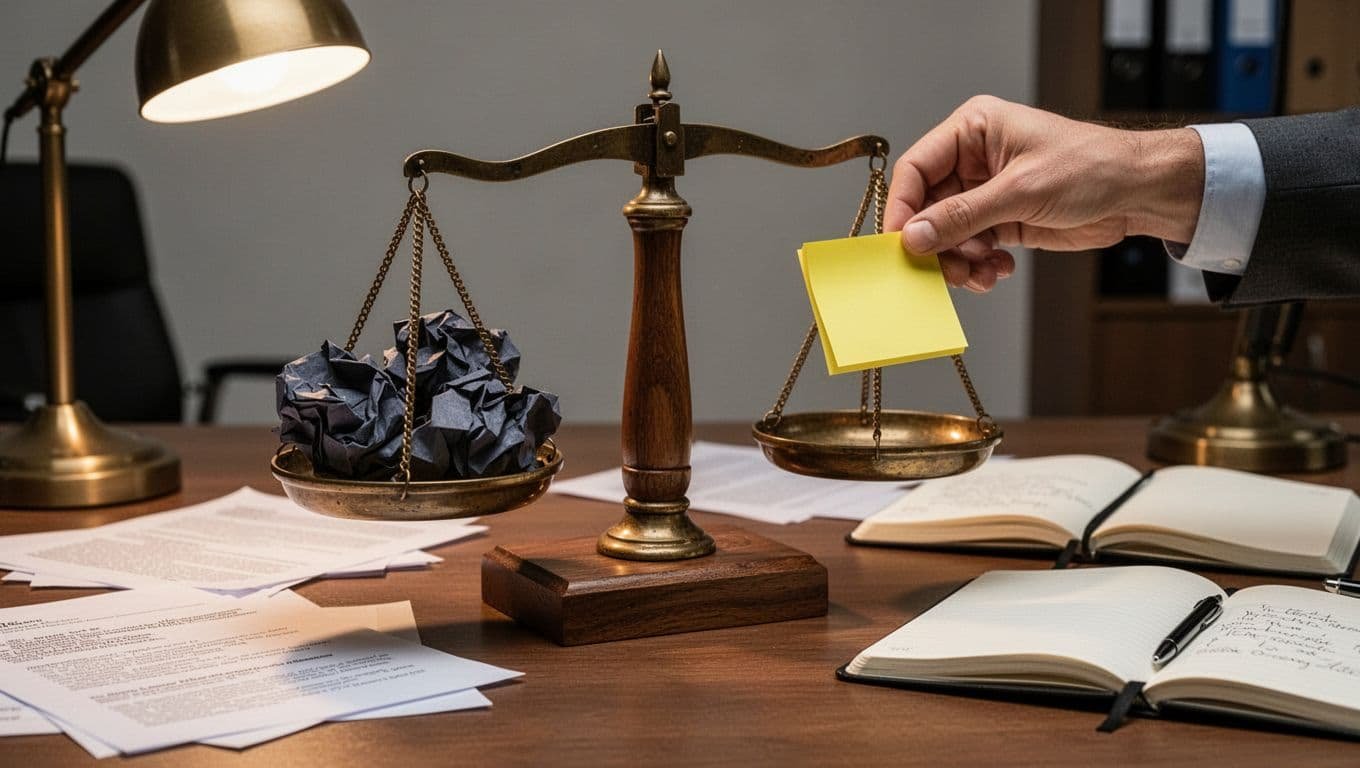 A classic wooden balance scale on an office desk, left pan heavy with crumpled dark notes symbolizing guilt, right pan lifted by bright sticky notes as counter evidence, with a hand placing one more note.