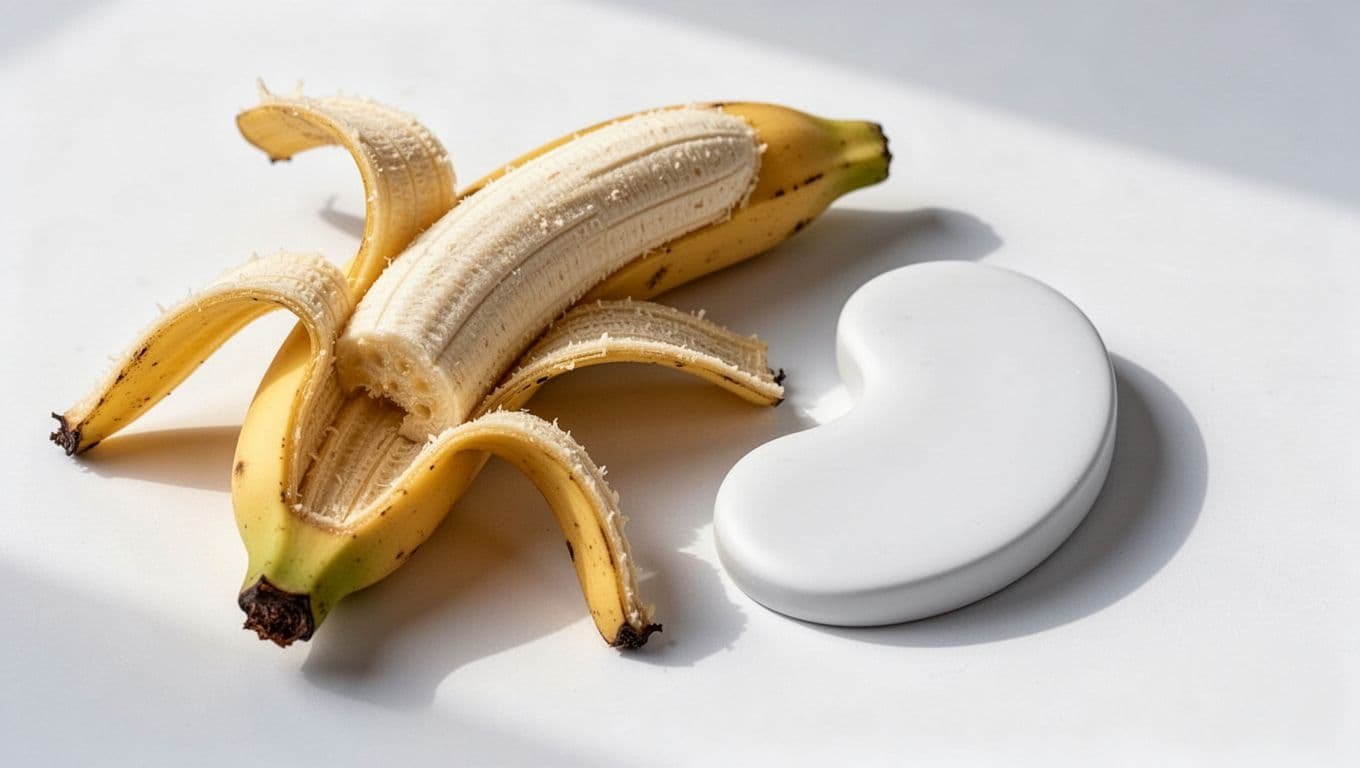 Close-up of a single ripe banana peel partially open next to a simple kidney diagram icon on a white background, soft lighting, photorealistic.