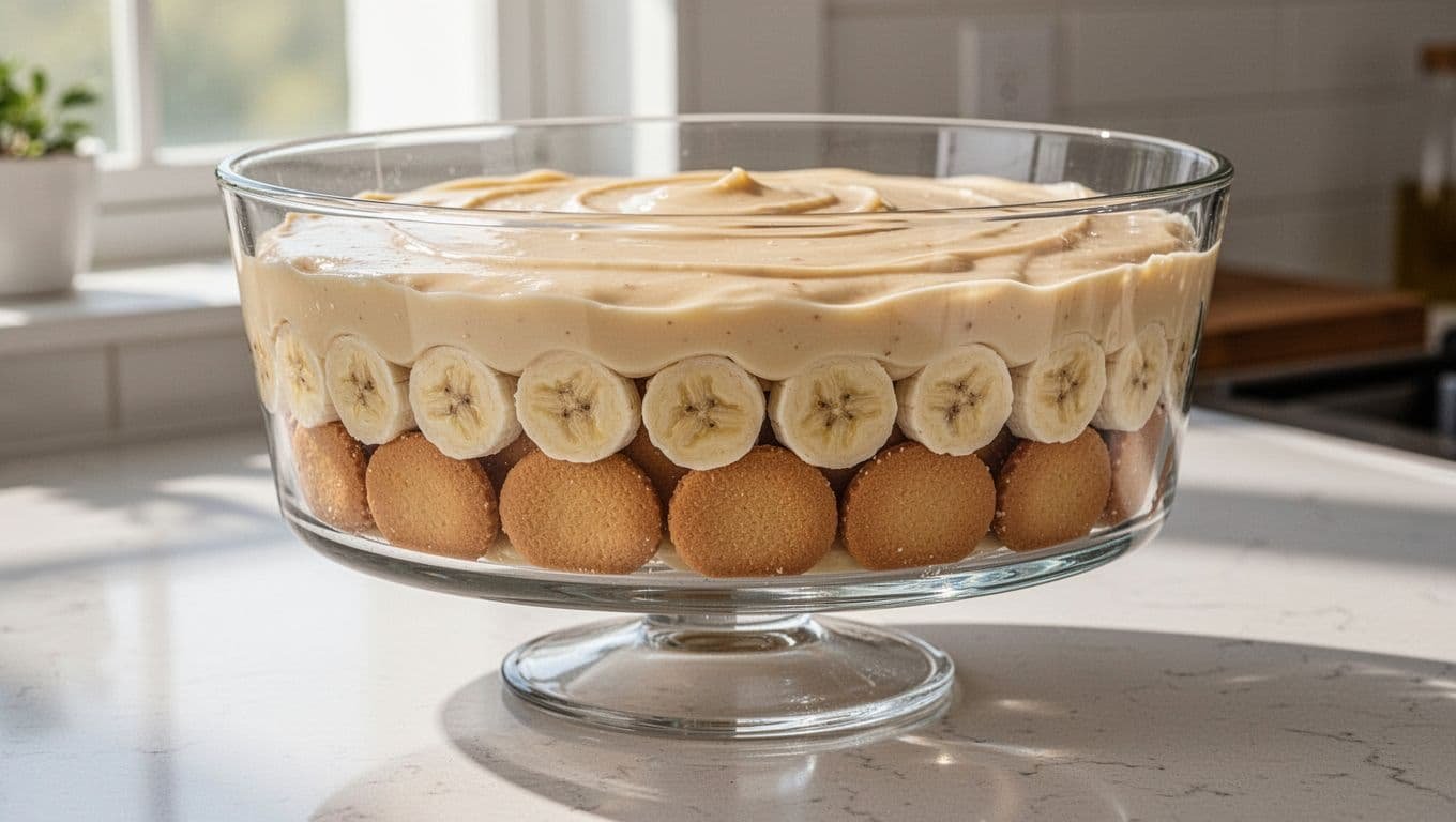 Side view of a clear glass trifle dish during banana pudding assembly, showing bottom layer of vanilla wafers, even banana slices, and thick pudding filling on a kitchen counter with natural light.