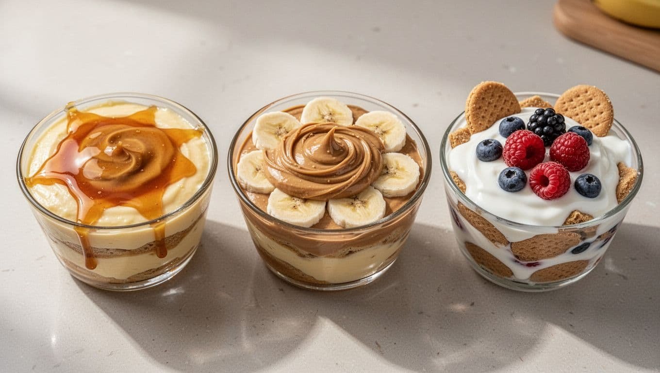 Photorealistic top-down view of three small glass dishes each with a unique banana pudding: caramel drizzle, peanut butter swirl with banana slices, and yogurt topping with fresh berries, layered with vanilla wafers.