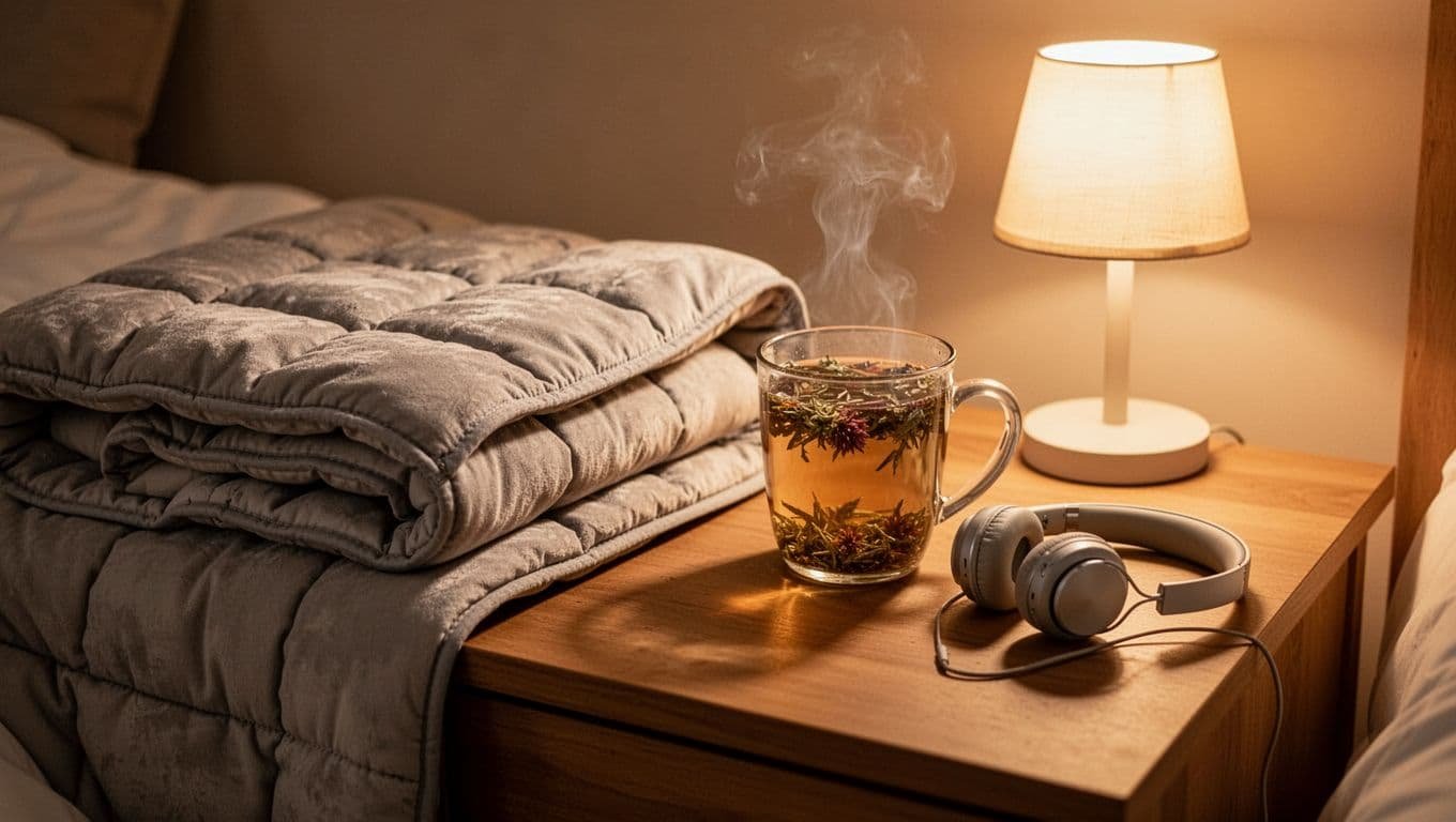Bedside table with folded weighted blanket, steaming herbal tea mug, headphones, and dim lamp.