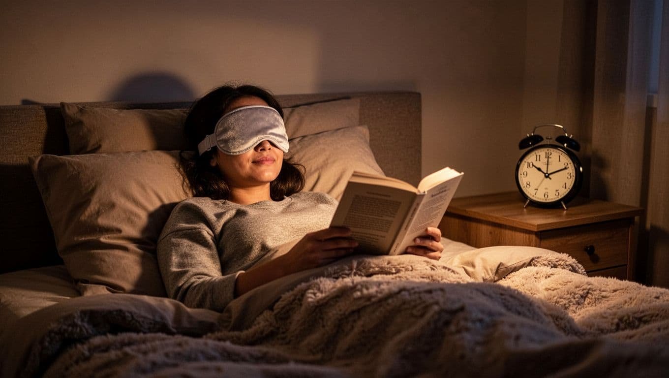 Person lies relaxed in soft bed with eye mask and bedside clock in dimly lit nighttime bedroom.