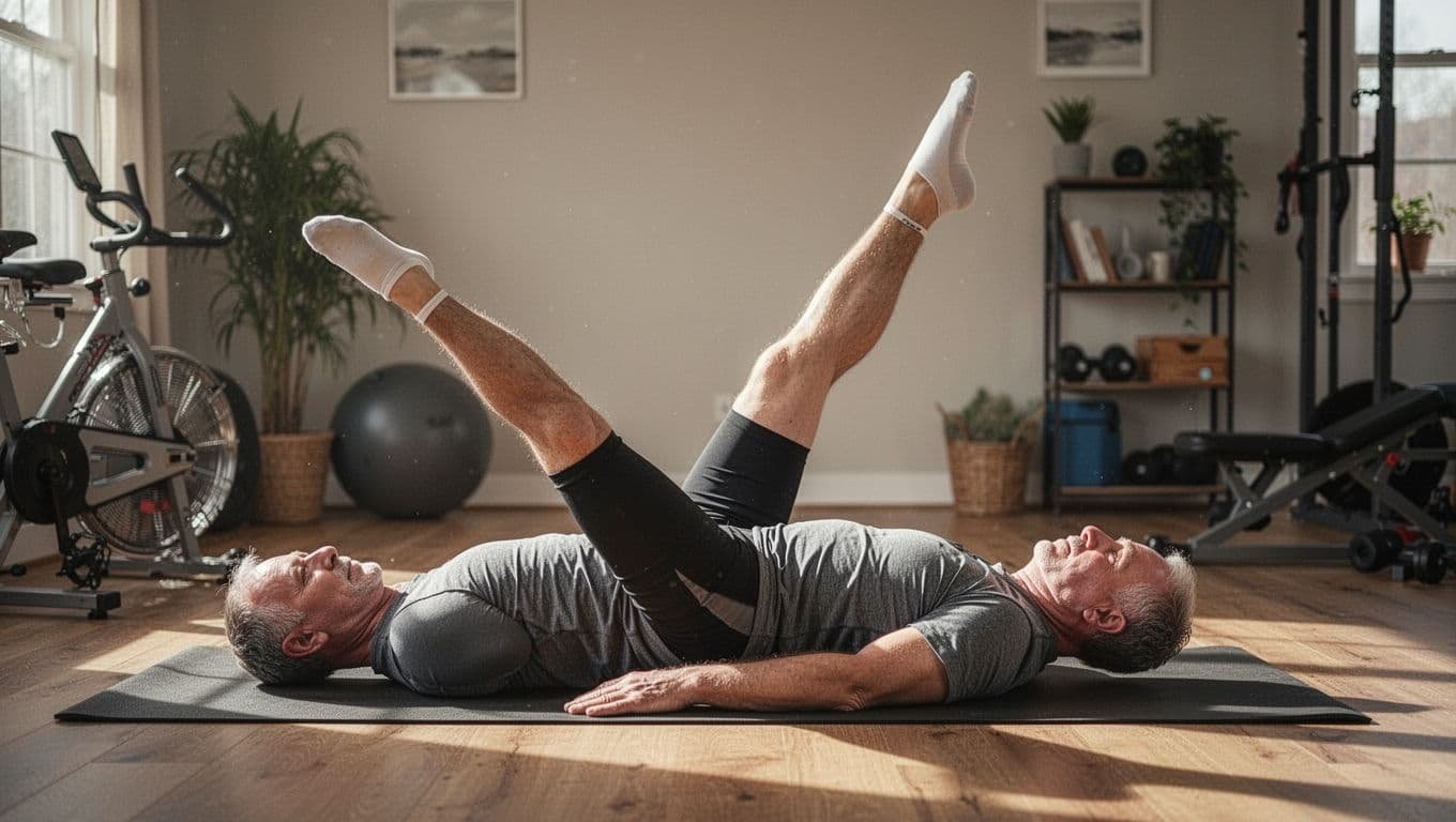 Middle-aged person demonstrating proper straight leg raise exercise lying on back in home gym, full body side view with natural lighting.