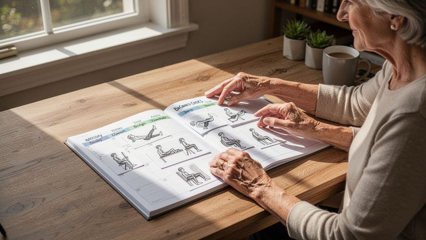 Illustration of a person in their 50s at a home desk planning a simple weekly knee exercise routine on a calendar, featuring icons for low-impact exercises like leg raises, bridges, clamshells, wall sits, and balance, in realistic style with natural indoor lighting.