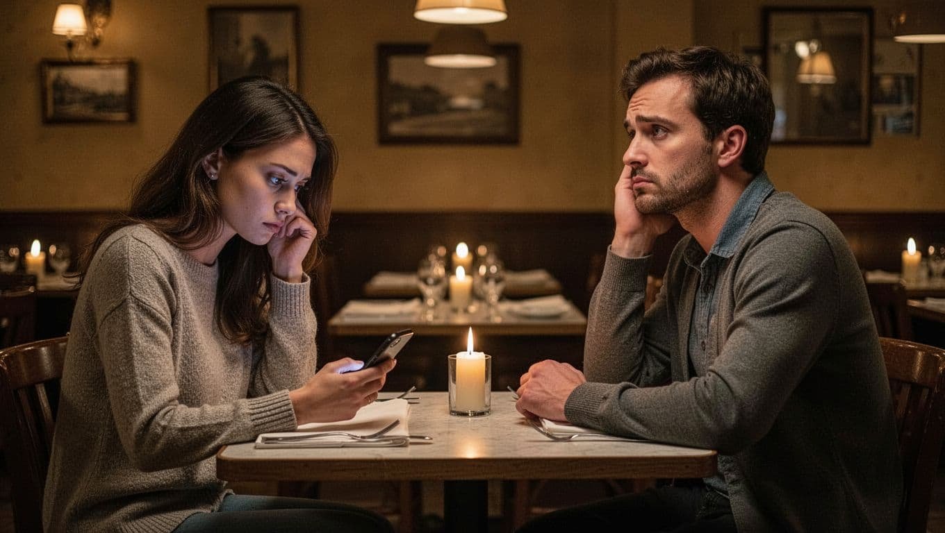 A couple sits across from each other at a restaurant table during date night, both appearing bored and disinterested&mdash;the woman checks her phone while the man stares off into space&mdash;in a dimly lit cozy interior with candles.