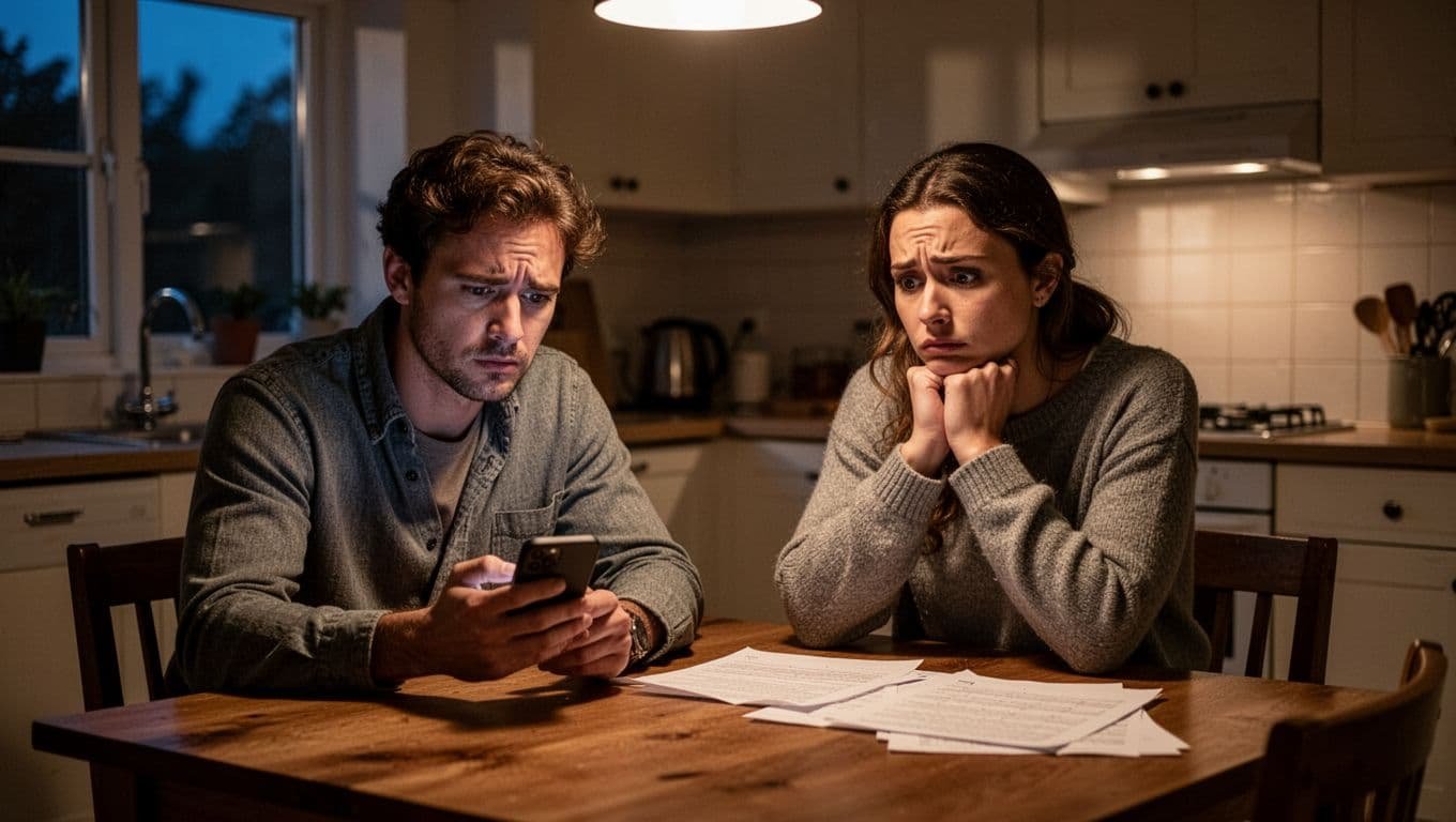 A couple sits unhappily at a kitchen table in a warm, dimly lit evening home setting, one checking their phone while avoiding eye contact and the other resting their chin on their hand, conveying boredom and dread during talks about marriage, kids, and future plans.