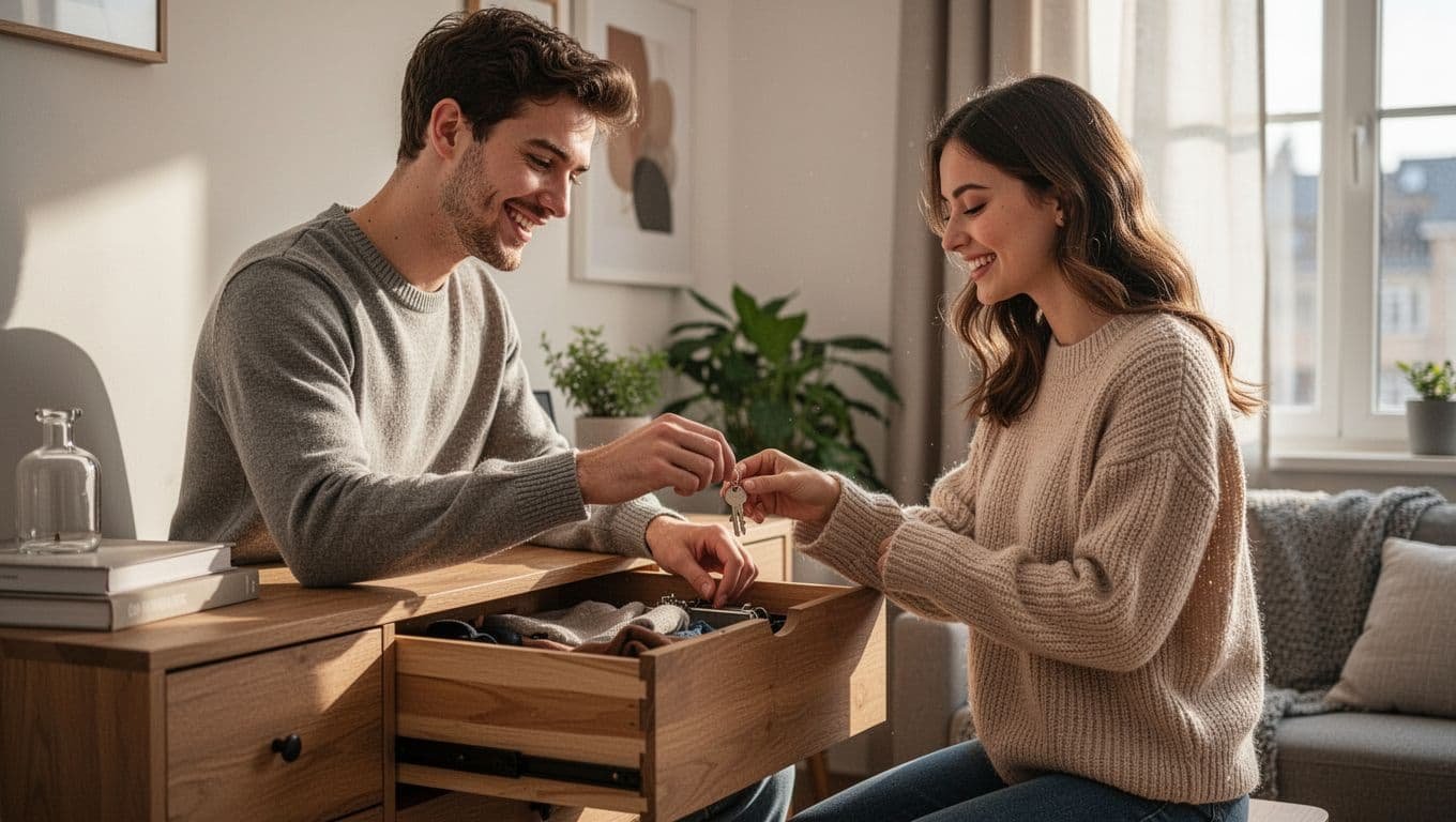 In a modern cozy apartment, a young man smiles warmly while clearing a dresser drawer for his girlfriend's clothes and handing her a spare key, illustrating commitment with relaxed natural poses and warm daylight.