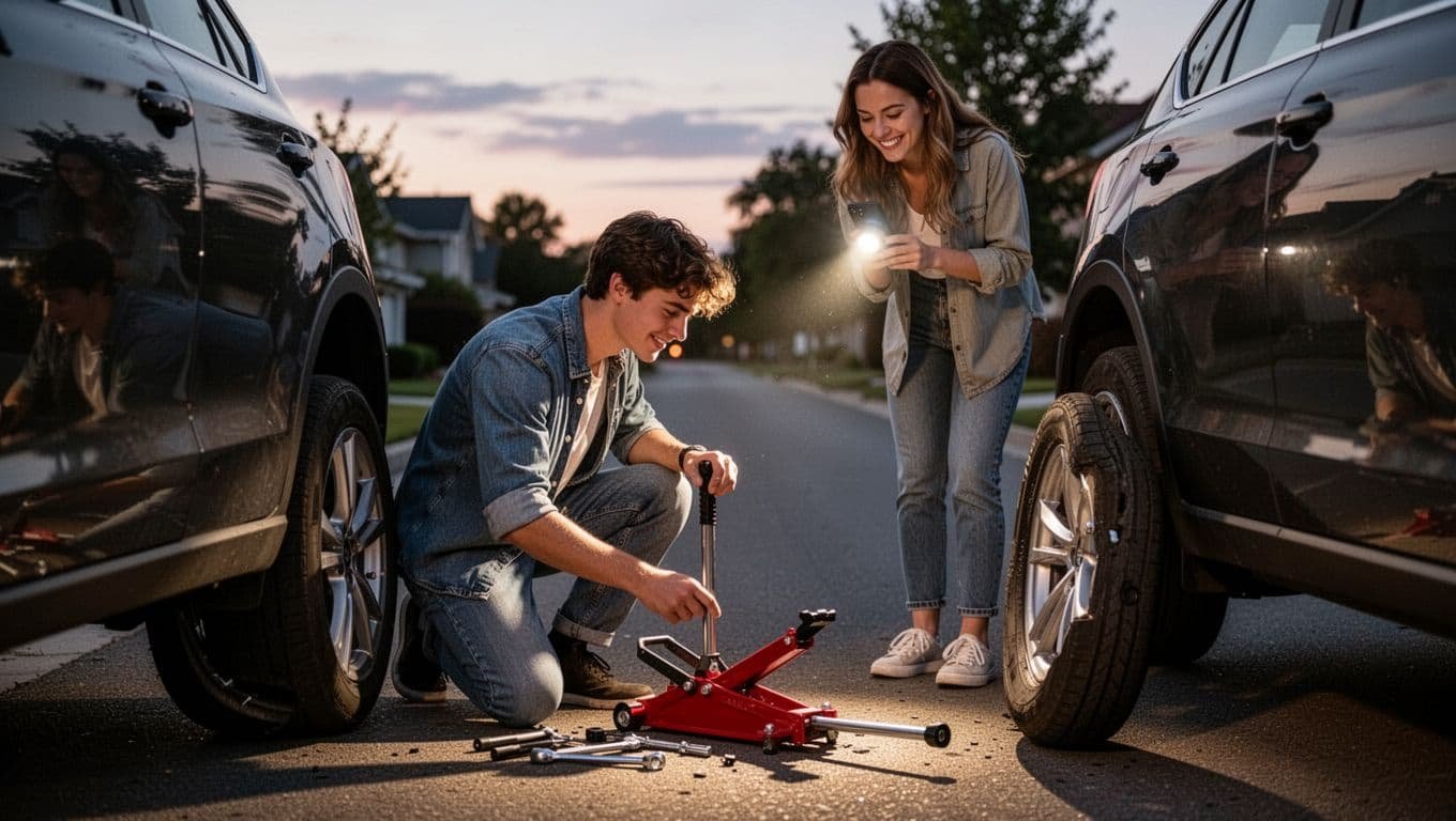 A young man helps his girlfriend fix a flat tire on a suburban road at dusk, kneeling with tools while she holds a phone flashlight.