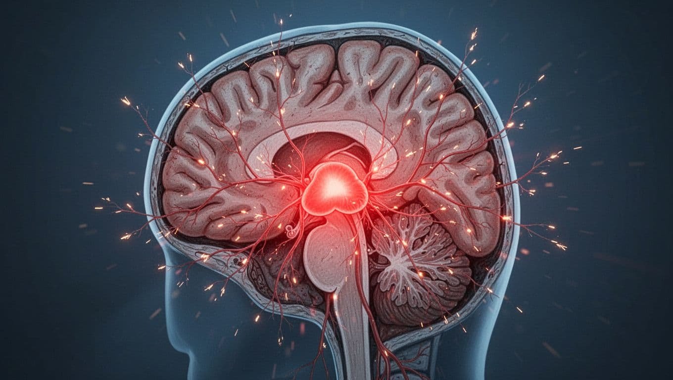 Brain cross-section highlights glowing red amygdala with sparking neural pathways to faint couple silhouette.