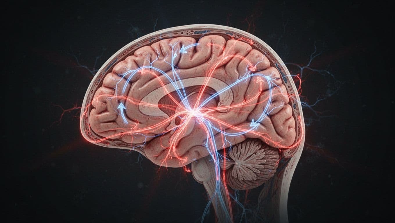 Human brain cross-section with glowing red and blue dopamine reward loops from visual cortex overstimulation and subtle energy drain on dark background.