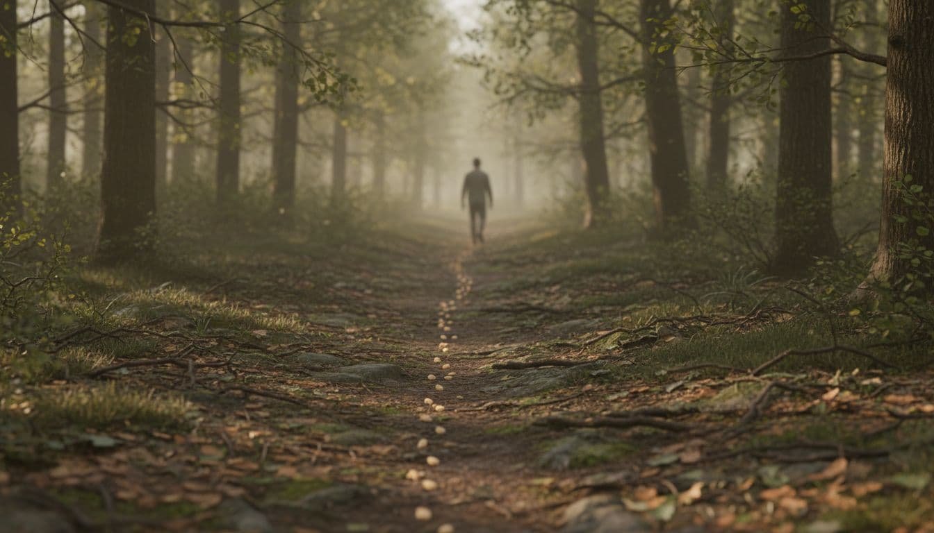 A subtle trail of breadcrumbs scattered on a winding forest path leading to a distant vague figure walking away, symbolizing sporadic attention without commitment in relationships.