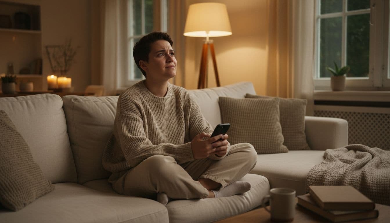 A young adult sits on a couch in a cozy living room during evening light, holding a smartphone screen down on their lap, looking determined and relieved while deciding to stop checking social media.