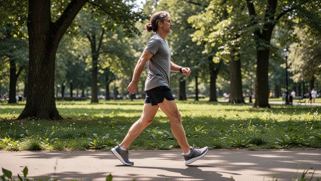 A person walking briskly on a sunny park path wearing comfortable sneakers and athletic casual clothes, with trees and greenery in the background, captured in a dynamic side view under natural daylight.