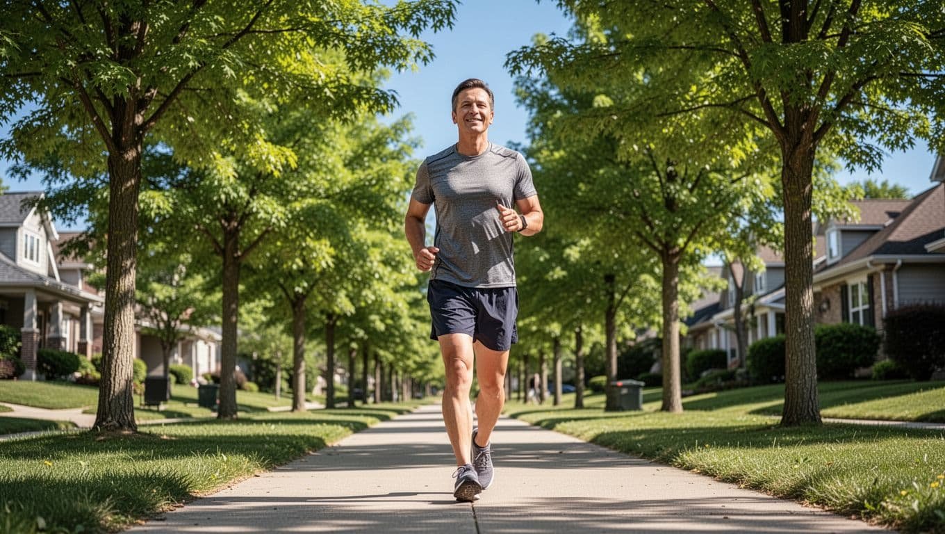A single adult in casual athletic wear walks briskly along a tree-lined neighborhood path during a clear daytime, featuring a relaxed facial expression with a subtle smile and natural arm swing amid vibrant green trees and soft sunlight.