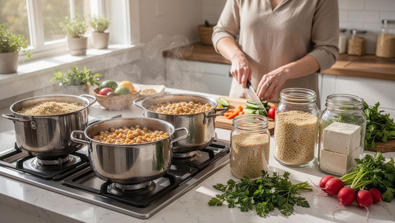 Busy home kitchen counter with pots cooking quinoa and chickpeas in bulk on the stove, glass containers portioned with grains and tofu, fresh herbs and radishes nearby, one person chopping veggies in background under natural daylight.