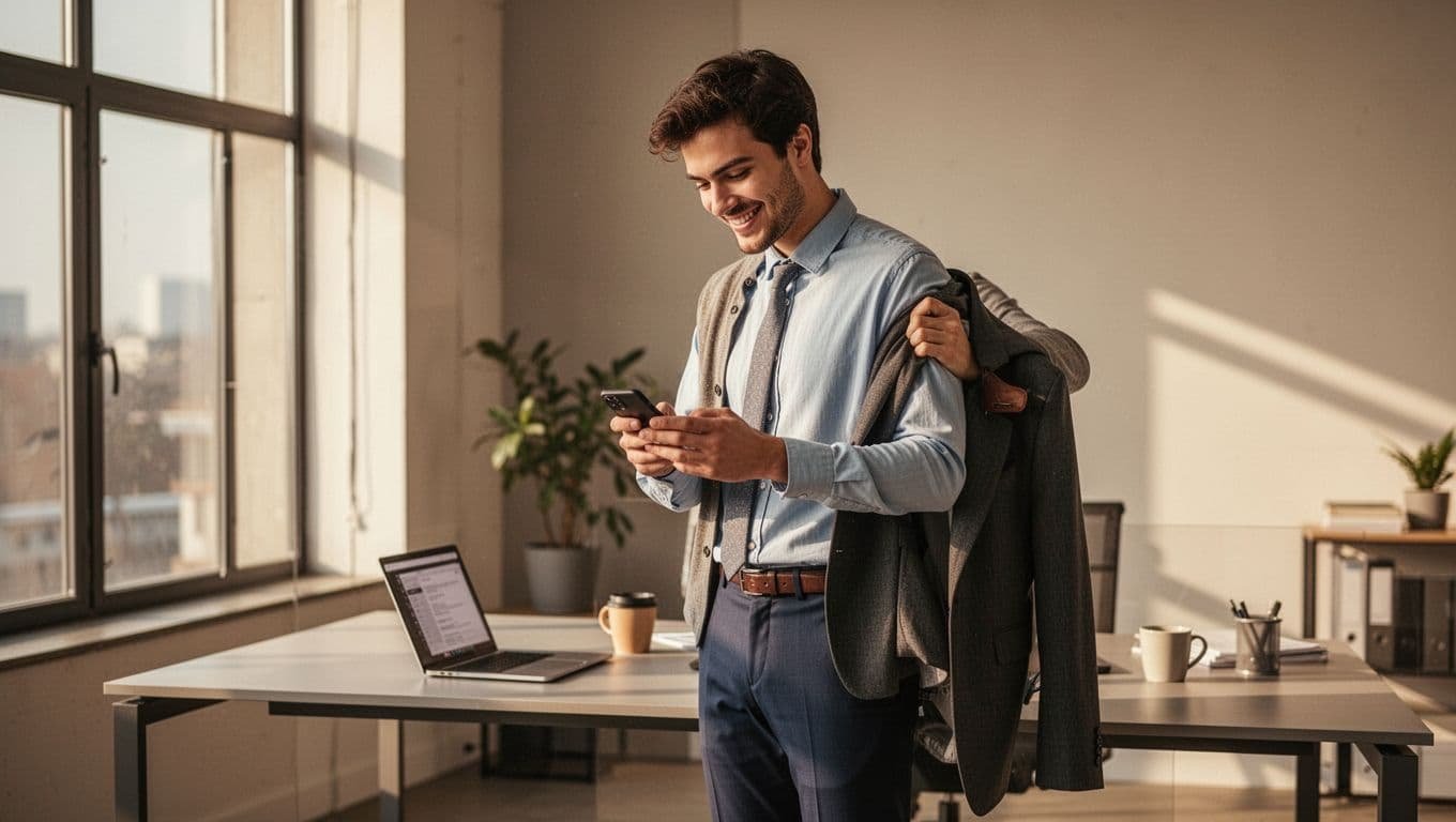 A young man in business casual in a modern office smiles warmly at his phone while picking up his jacket to leave early, with a desk, laptop, and coffee mug in the background under natural daylight.