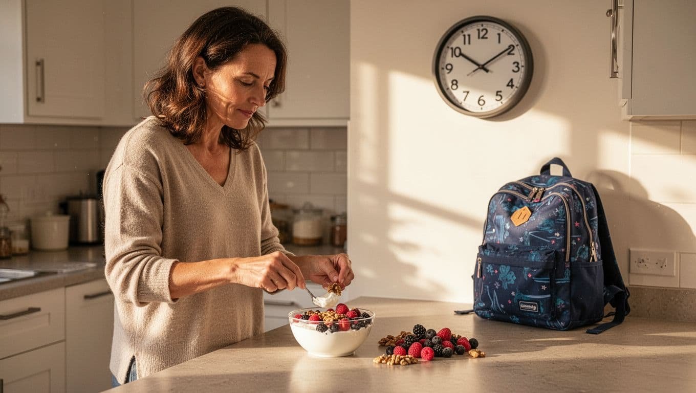 A parent at the kitchen counter assembles a quick Greek yogurt bowl topped with berries and nuts, glancing at the clock while a school backpack sits nearby, captured in warm natural morning light.