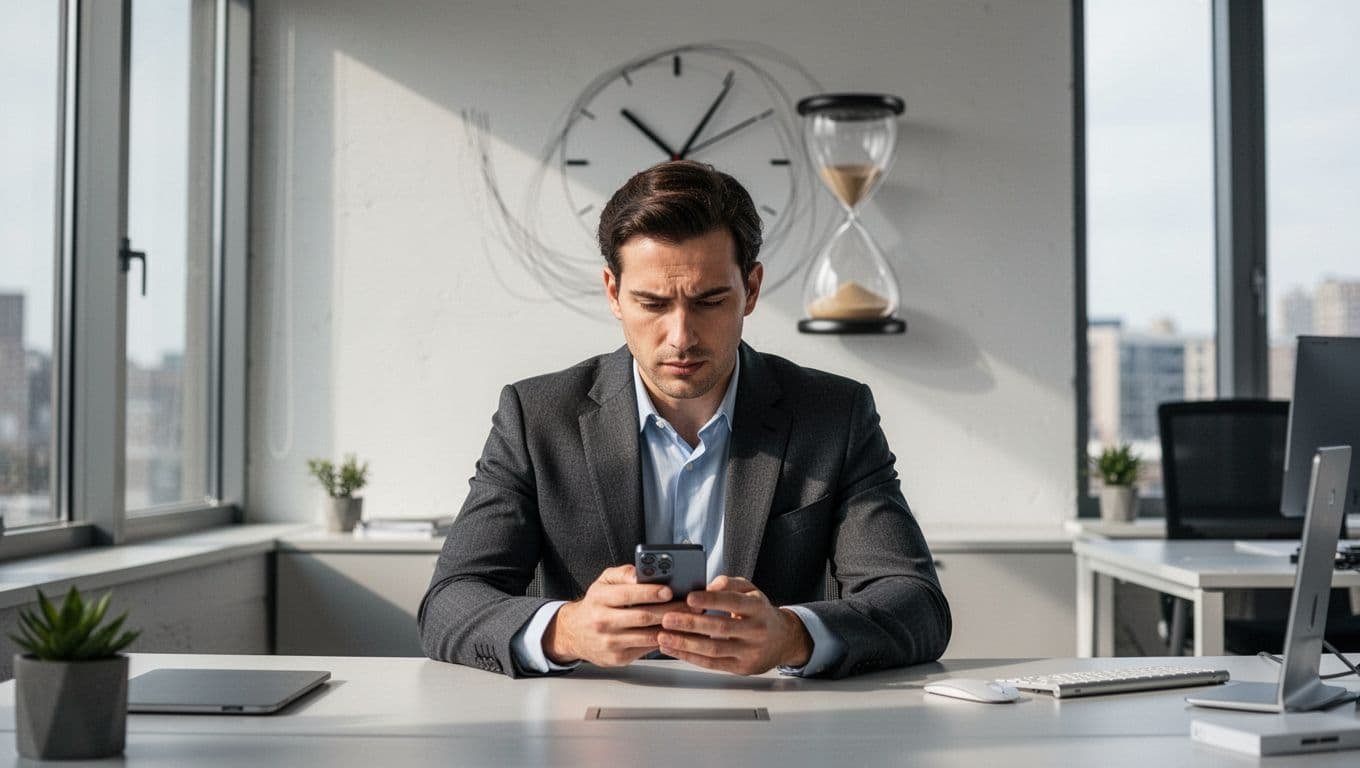 A busy professional in a modern office repeatedly checks smartphone notifications, with a clock in the background illustrating time slipping away through sand or icons. Realistic style with natural lighting, featuring exactly one person with both hands relaxed on the phone.
