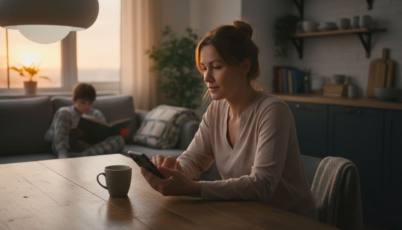 A mid-30s single parent sits at a wooden kitchen table in a cozy home, casually checking a dating app on their smartphone while their 8-year-old child reads quietly on the couch in the background.