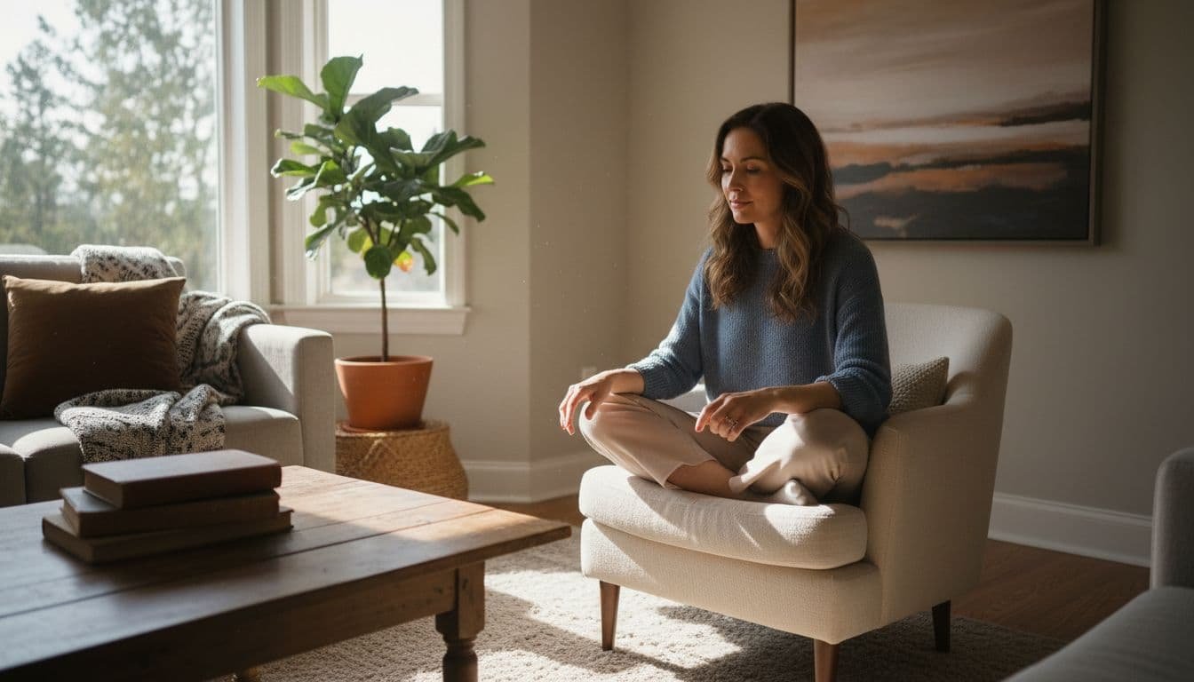 A calm adult sits relaxed in a cozy living room during daytime, eyes scanning surroundings for a grounding exercise, with hands resting on knees ready to touch objects, bathed in natural window light.